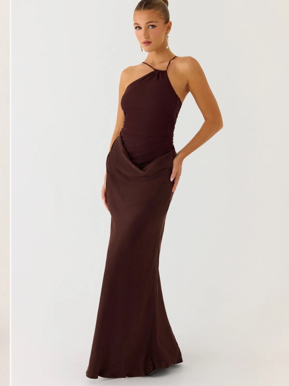 NWT Peppermayo Pristin Cupro Maxi Dress
Asymmetric Maxi Dress in Cool Chocolate